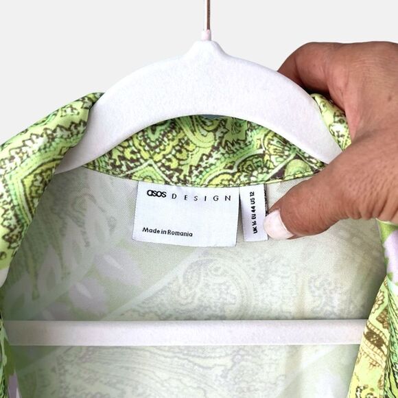 ASOS DESIGN EUC heavy satin wrap knot front romper in Paisley print Size 12 - Picture 9 of 10